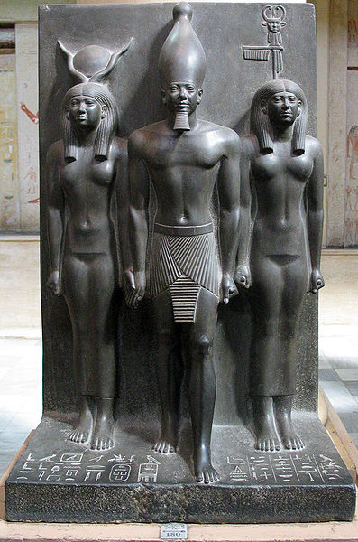 Egyptian Triad Statue. Menkaura The Goddess Hathor and Goddess Bat